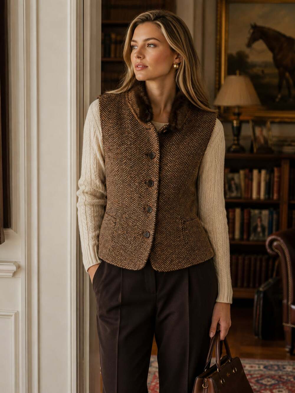 Vintage Harold’s Wool Herringbone Vest Women L Mink Fur Trim Equestrian Brown US